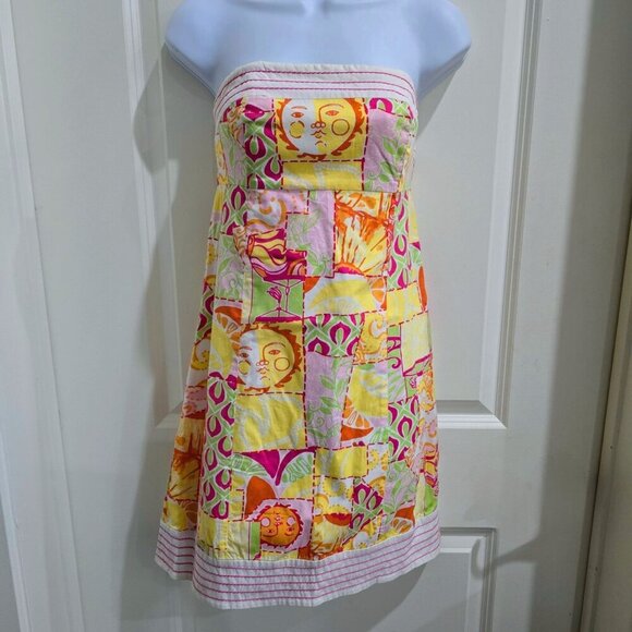 Lilly Pulitzer ✦ Strapless Patchwork Dress ✦ Pink Green Floral Stripe Cotton 2 - Picture 14 of 15